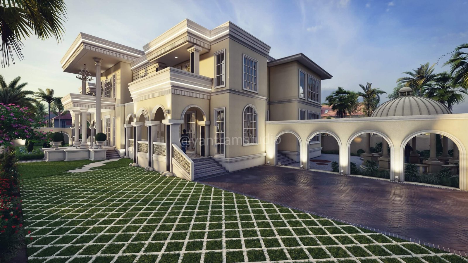 Perspective 3D view of right side arcade and dome of classical residence