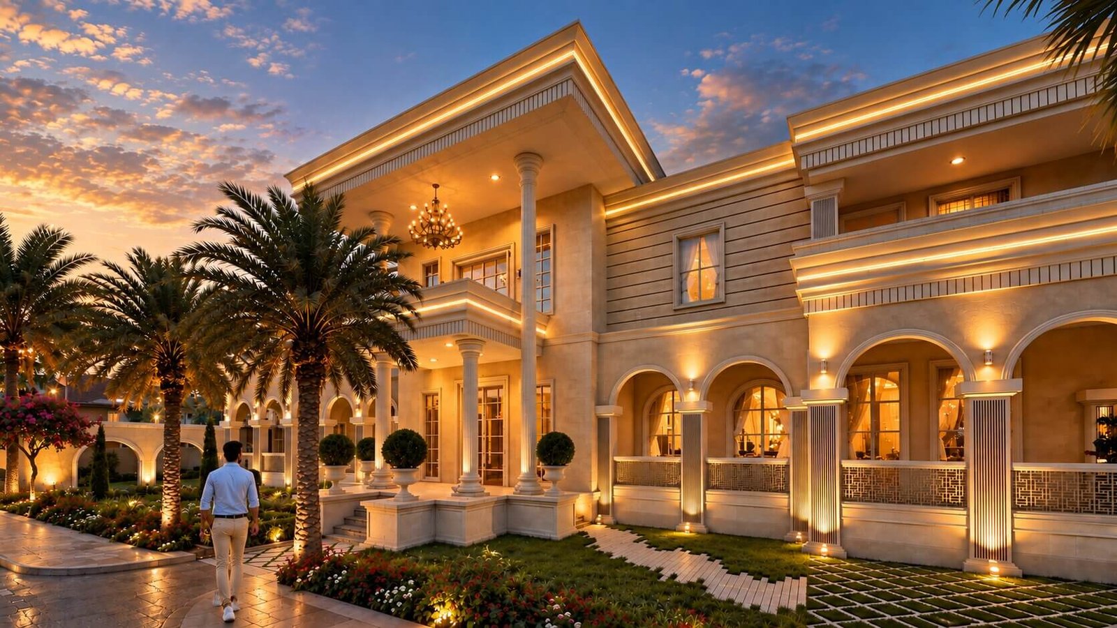 Night exterior rendering of luxury classical villa facade with warm arches and lighting