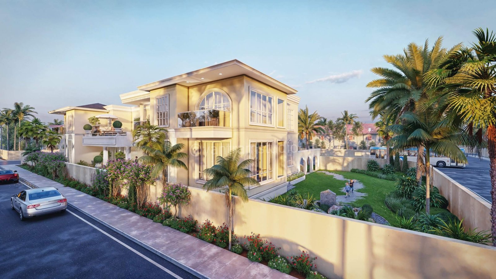 Corner exterior render showing two story bungalow with lush palm landscaping — Pool And Landscape Visualization
