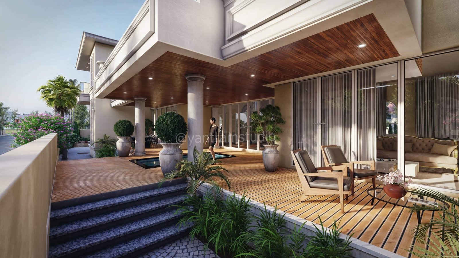 Covered outdoor patio deck with wooden seating and sliding glass doors — Interior And Exterior Facade