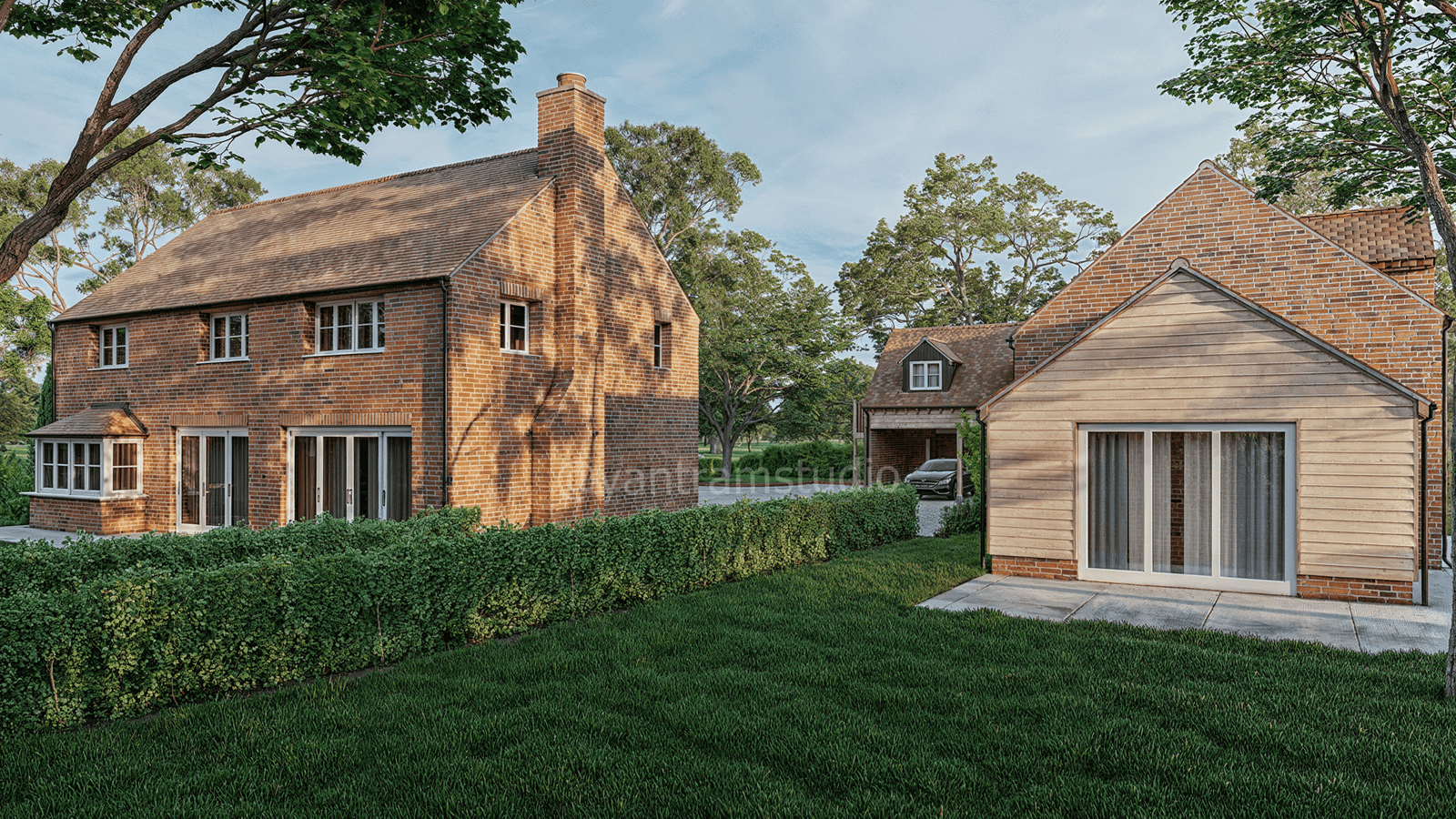 Traditional brick country house with timber-clad extension, pitched roofs, large patio doors, manicured lawn, and landscaped hedges.