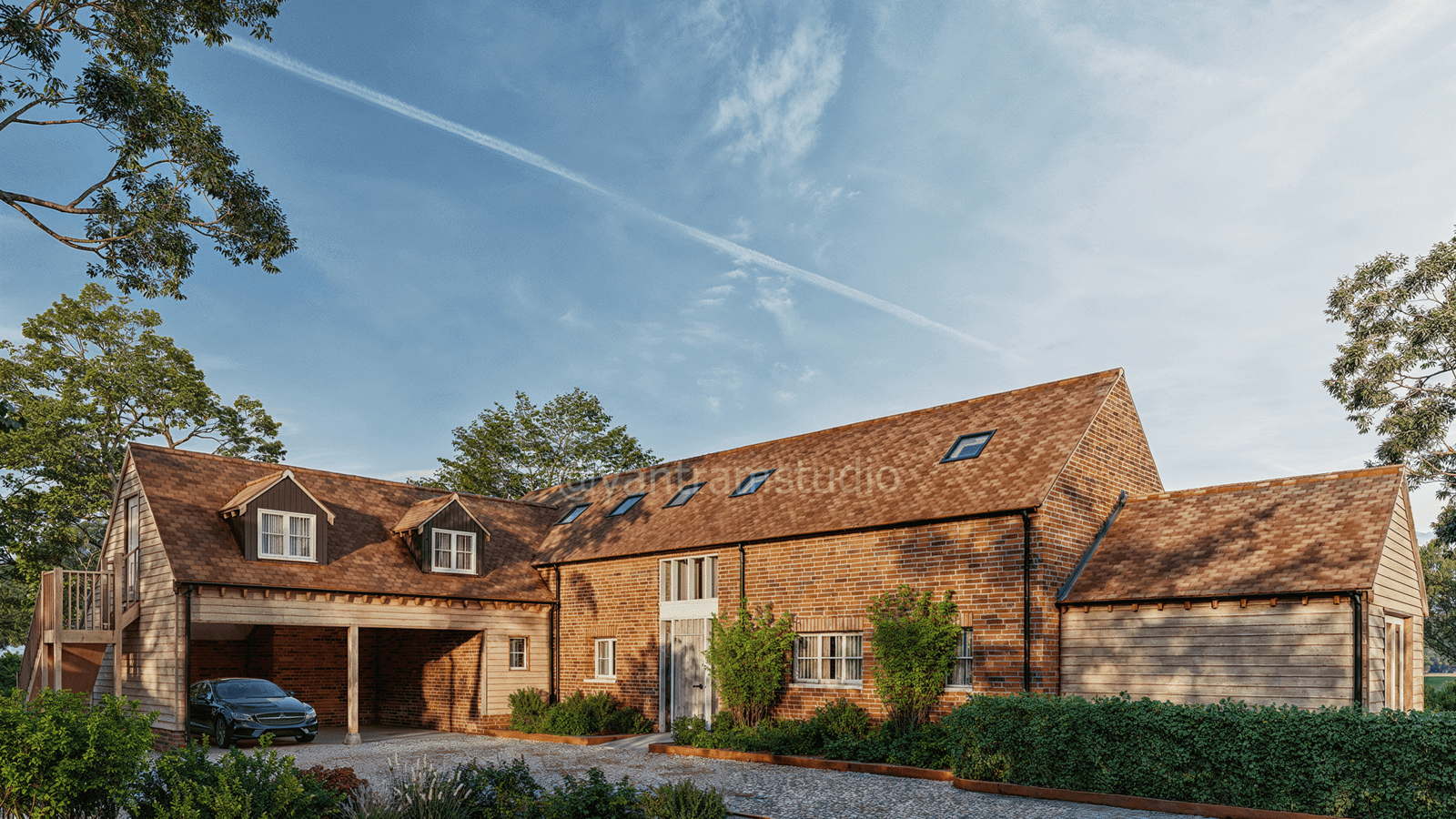 Classic brick country home with pitched roof, dormer windows, timber cladding accents, covered carport, and landscaped driveway. – 3D visualization by Yantram Studio,
