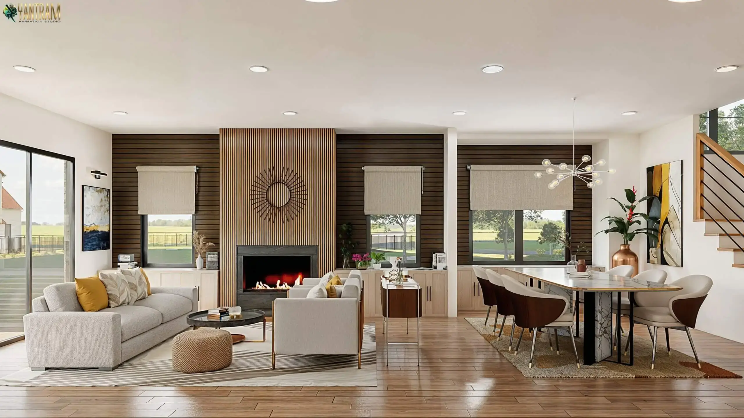 Modern open-plan living and dining room interior with fireplace, wooden accent wall, contemporary furniture, and large windows. – 3D architectural visualization by Yantram Studio