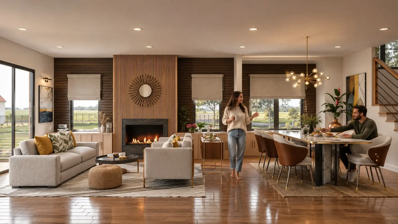 Modern open-plan living and dining room interior with fireplace, wooden accent wall, contemporary furniture, and large windows. – 3D architectural visualization by Yantram Studio