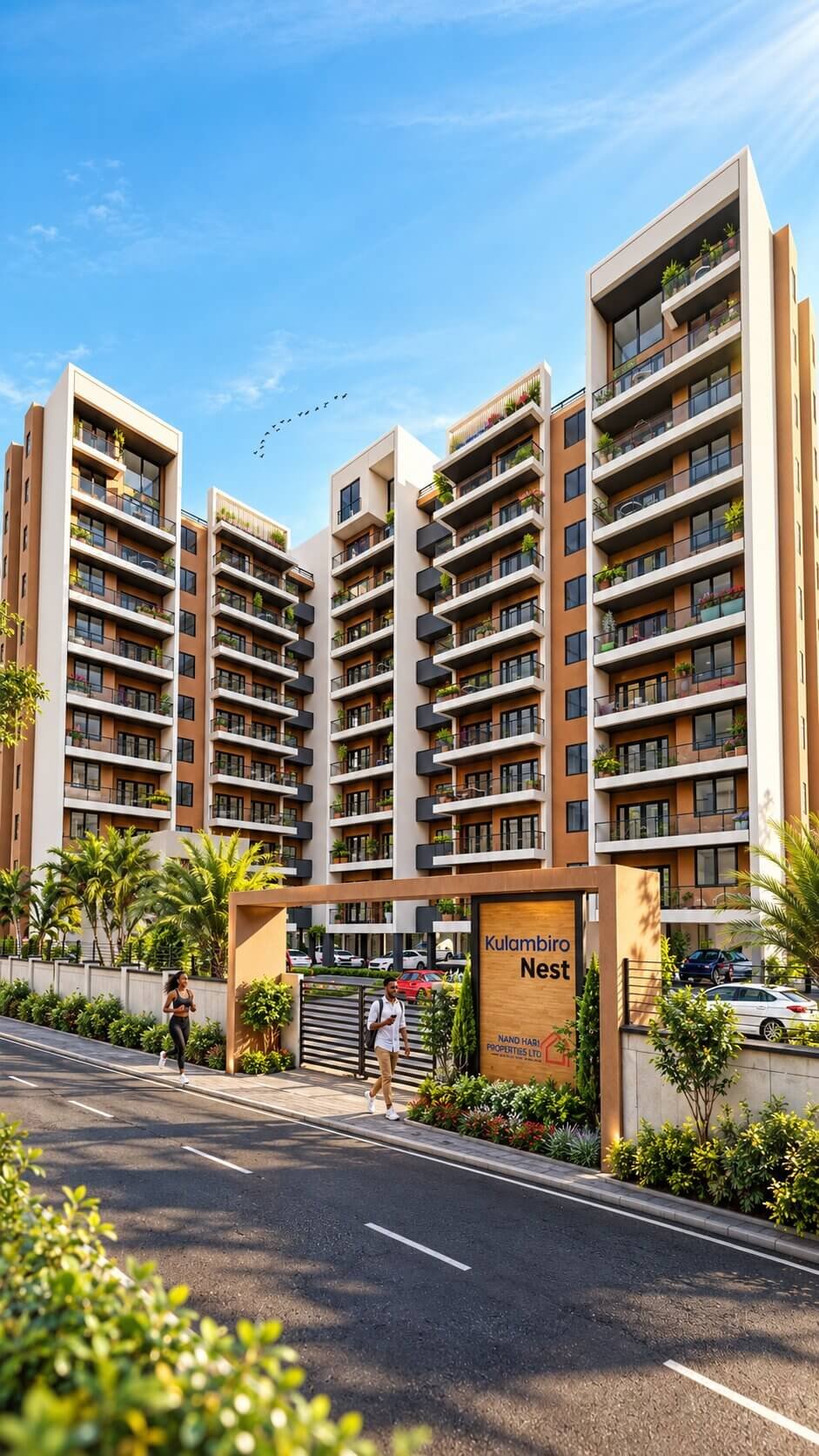 Luxury high-rise residential gated community 3D exterior rendering by Yantram Studio featuring modern apartment towers and branded entrance gate