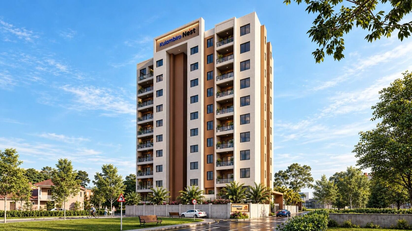Modern residential high-rise tower 3D exterior rendering by Yantram Studio showcasing contemporary architectural visualization with realistic lighting and landscaping