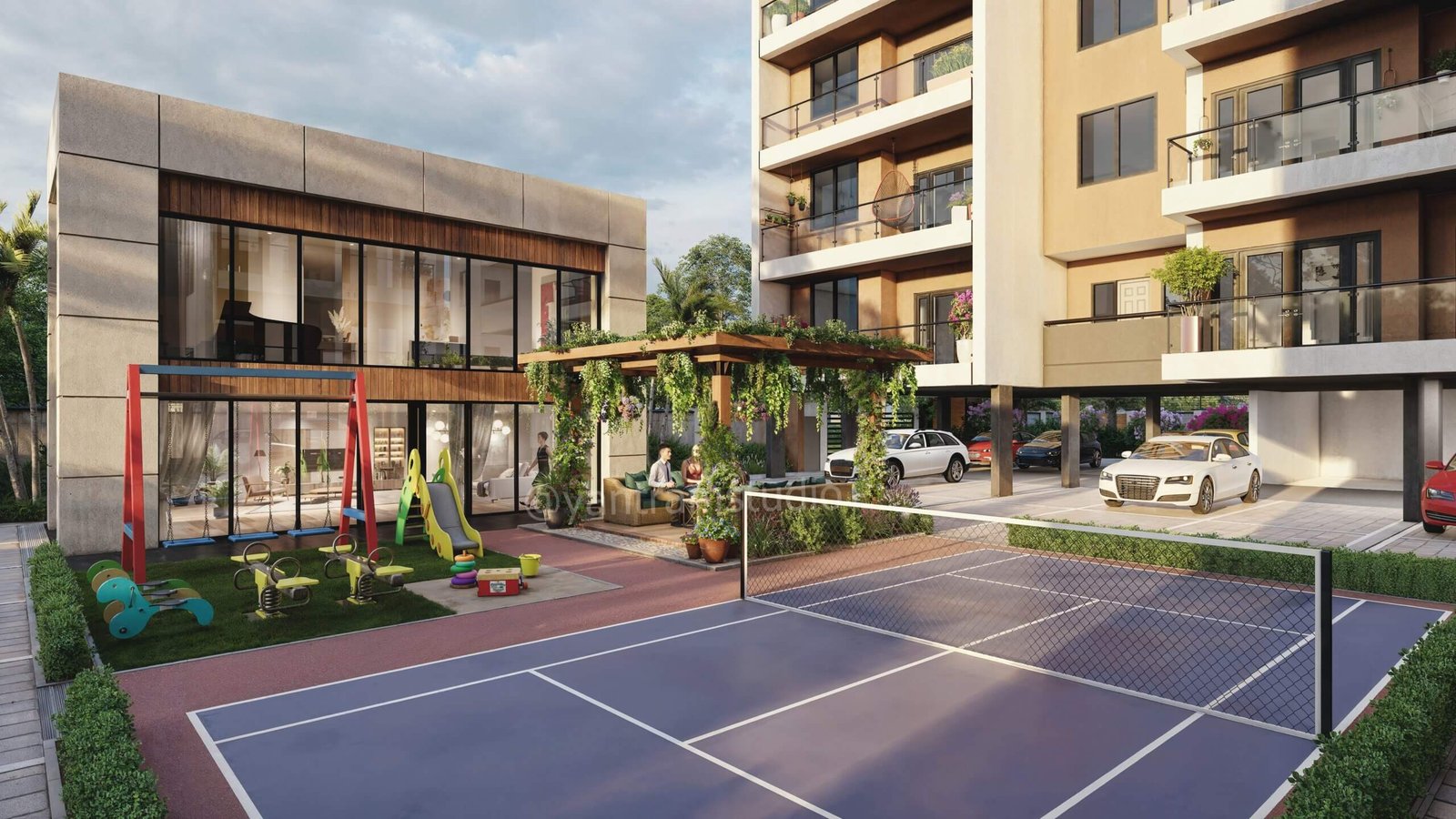 3D rendering of modern residential community amenity with tennis court, children’s play area and landscaped courtyard by Yantram Studio – 3D architectural visualization by Yantram Studio