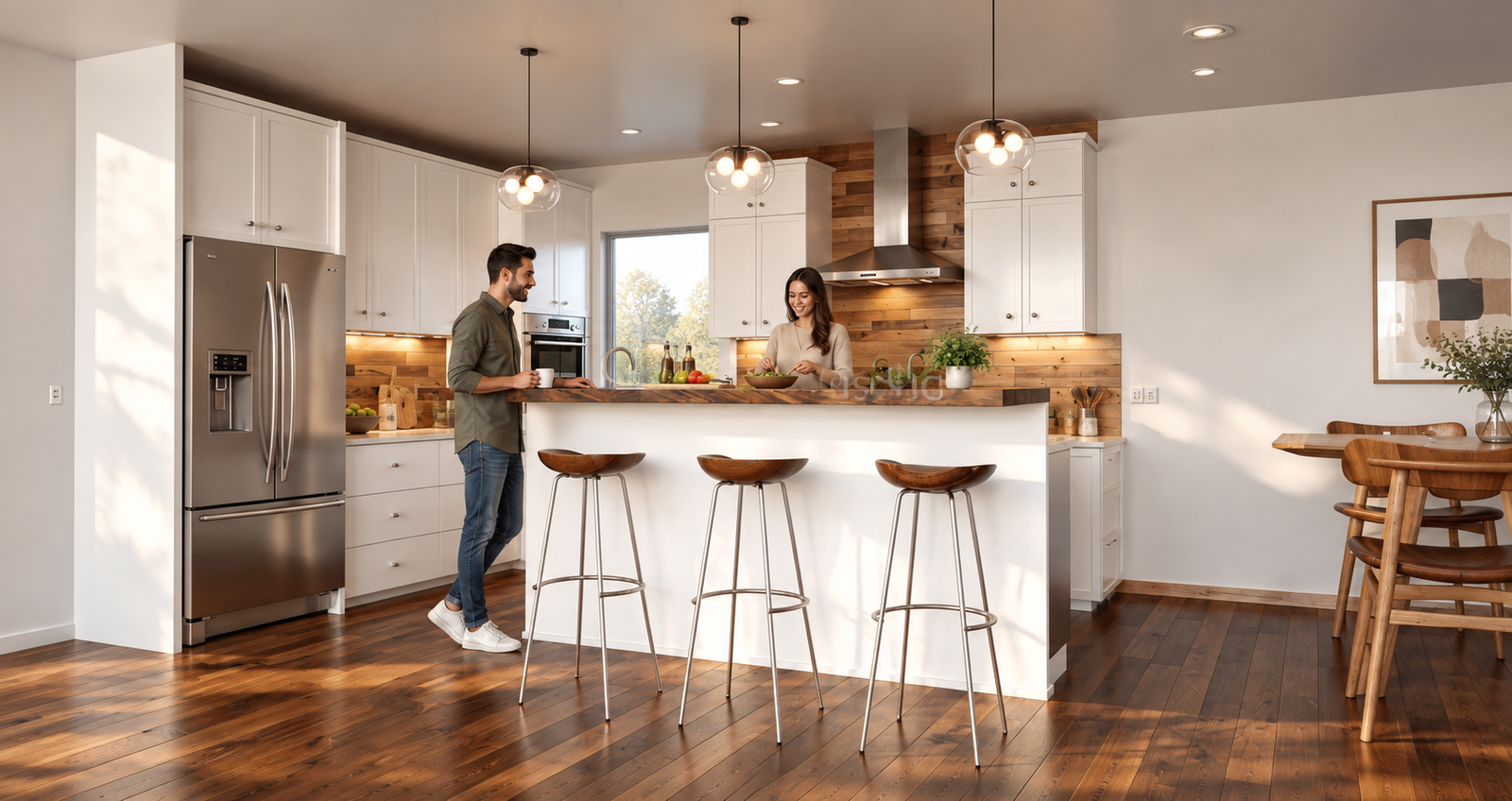 Modern white kitchen with central island, wooden bar stools, stainless steel appliances, wood accent backsplash, and dark hardwood flooring. – 3D rendering by Yantram Studio
