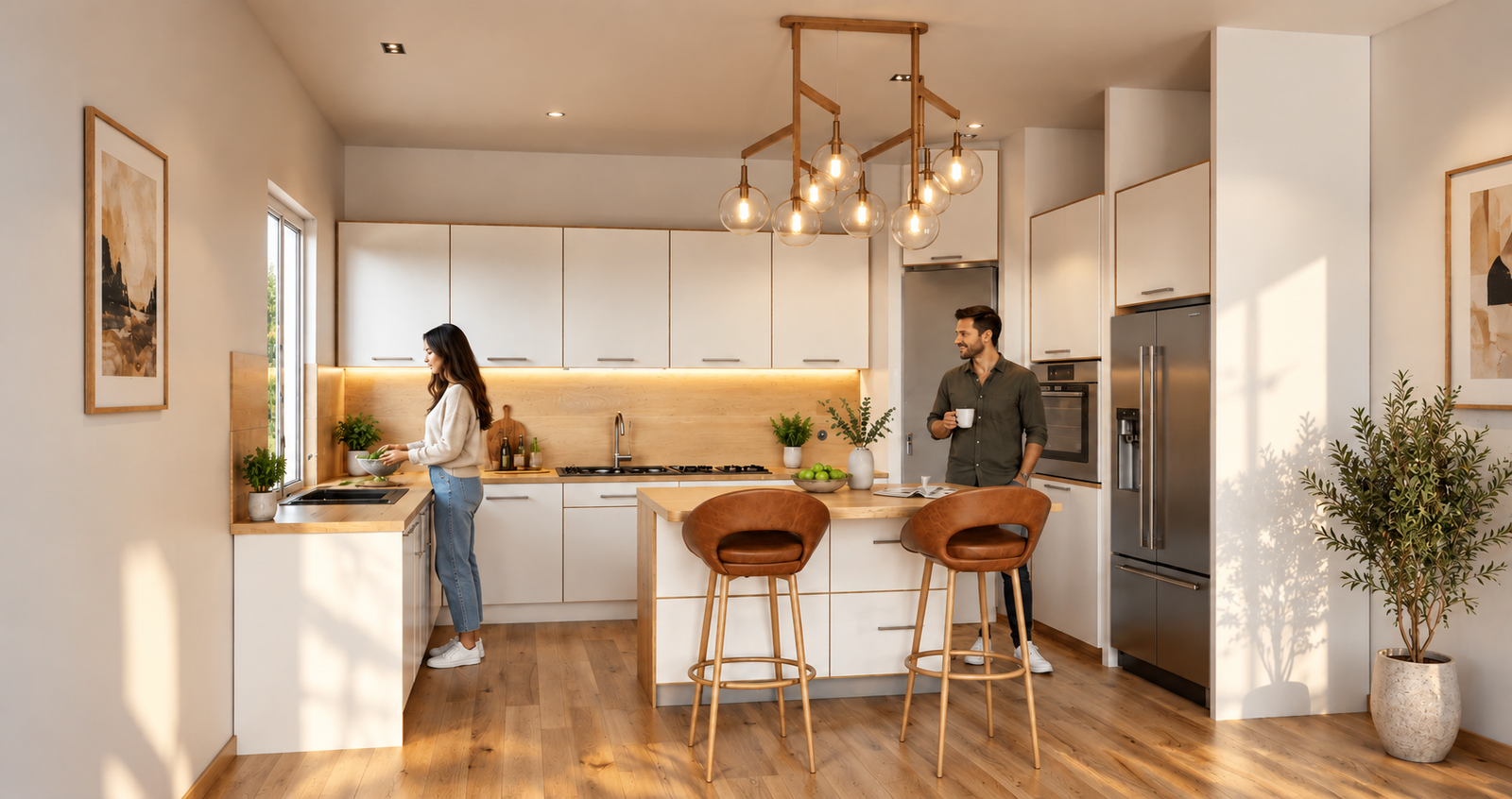 Elegant kitchen with marble island and pendant lighting — Photorealistic Kitchen Visualization