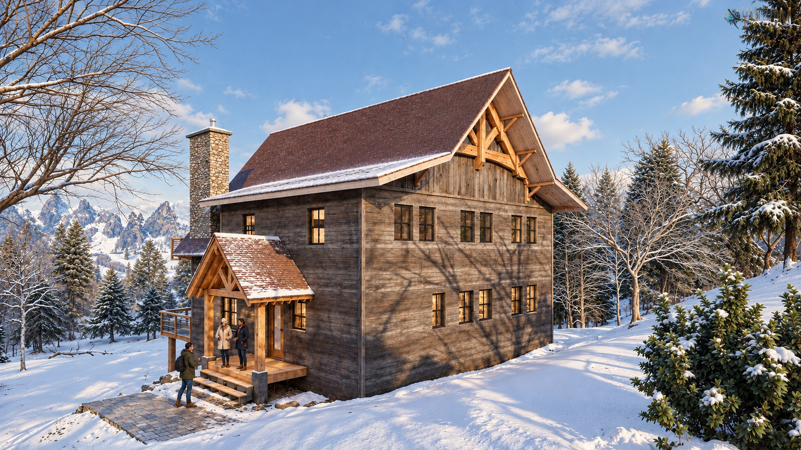 Photorealistic 3D rendering of a rustic wooden mountain cabin surrounded by snow, pine trees, and winter landscape with stone chimney and pitched roof.– 3D architectural visualization by Yantram Studio