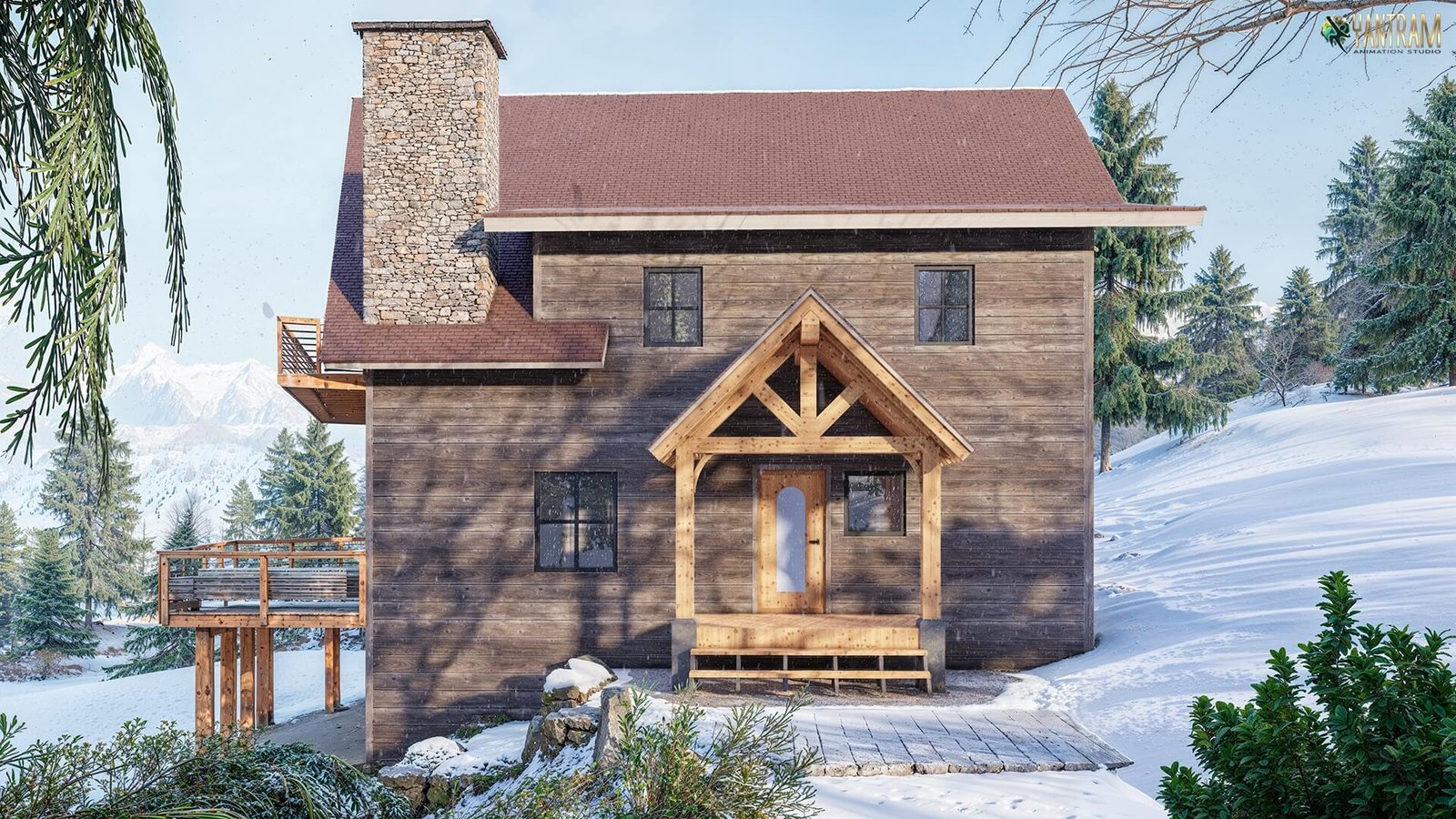 Wooden mountain cabin with stone chimney and pitched roof surrounded by snow-covered trees and winter landscape. – 3D architectural visualization by Yantram Studio