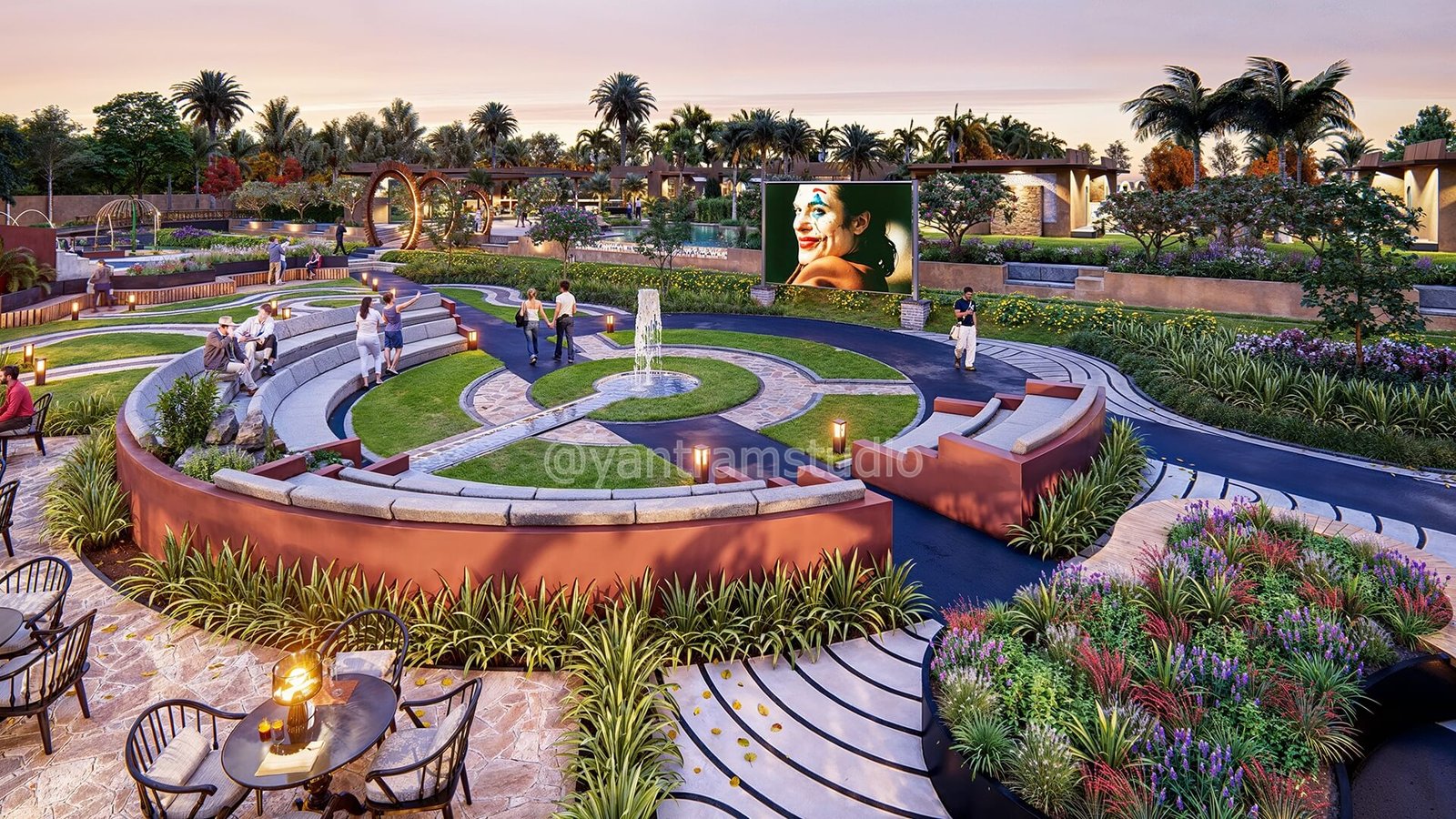 Modern landscaped community space with circular amphitheater seating, curved pathways, garden planting, outdoor screen, and evening ambiance. – 3D architectural visualization by Yantram Studio