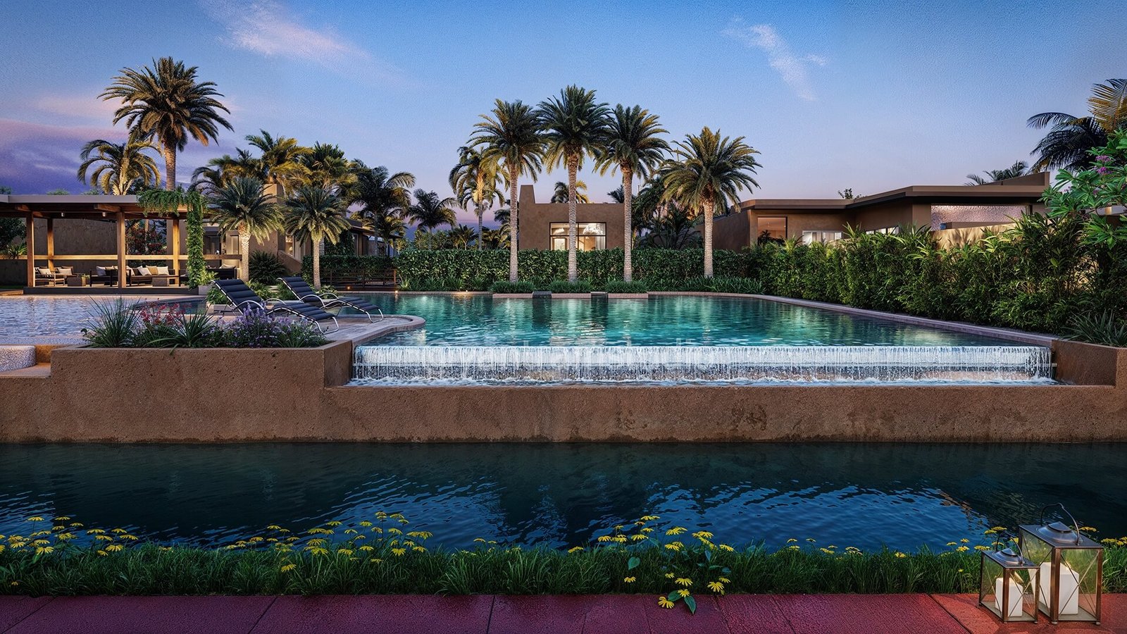 Modern infinity swimming pool with cascading water edge, palm trees, landscaped garden, and soft evening sky reflections. – 3D exterior rendering by Yantram Studio