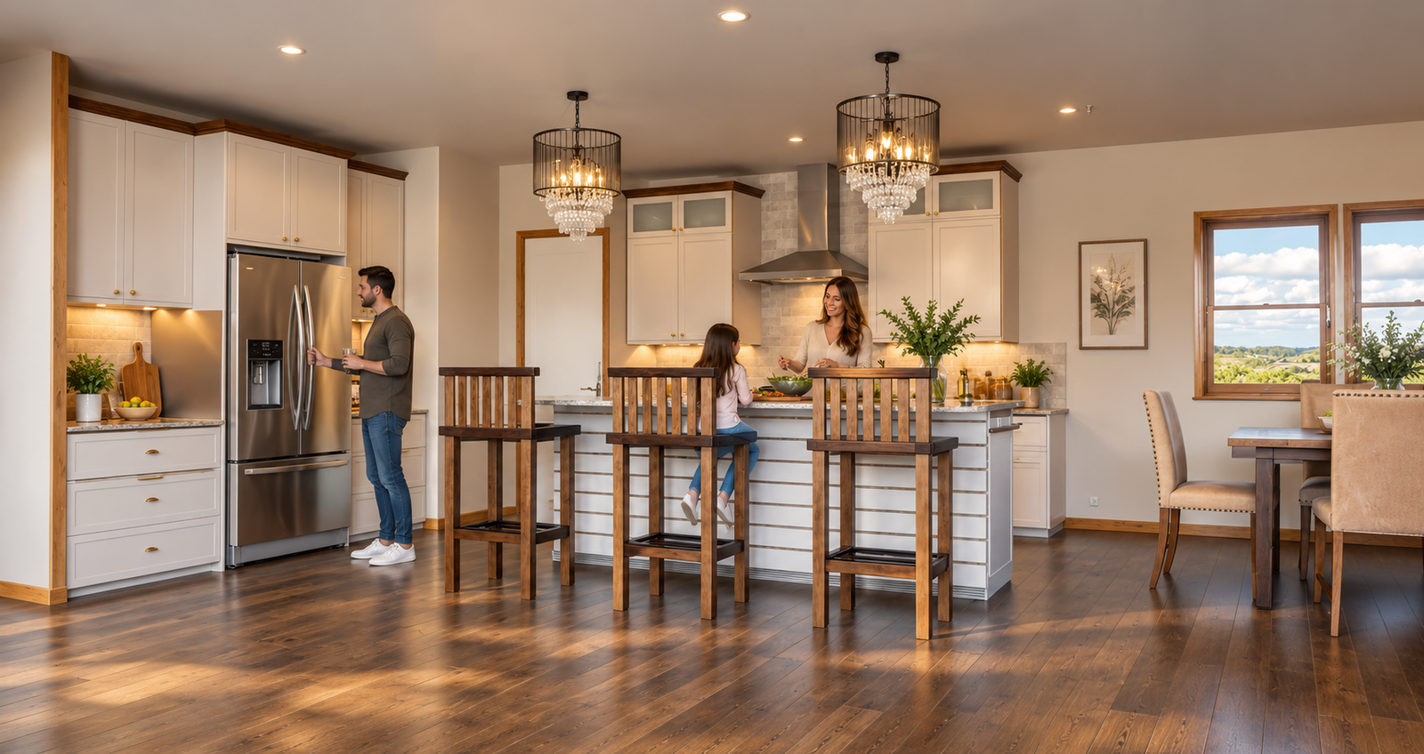 Contemporary white kitchen with central island, wooden bar stools, stainless steel refrigerator, pendant chandeliers, and hardwood flooring.– 3D architectural visualization by Yantram Studio