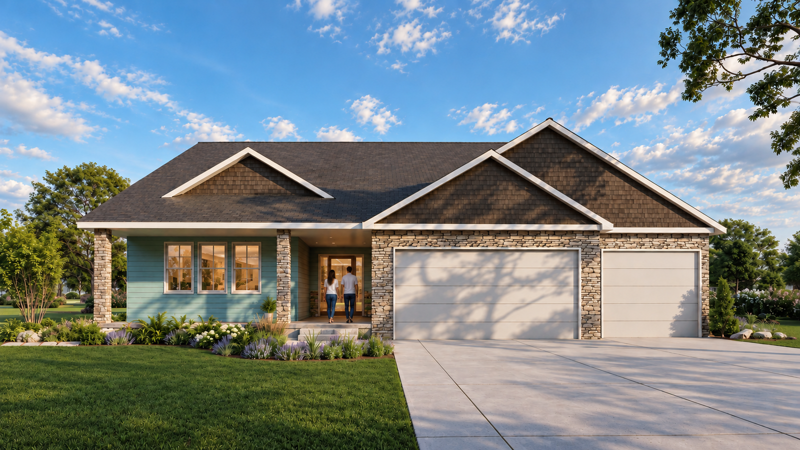 Contemporary single-story suburban house with dark siding, stone façade accents, double garage, landscaped front yard, and clear blue sky. – 3D exterior rendering by Yantram Studio