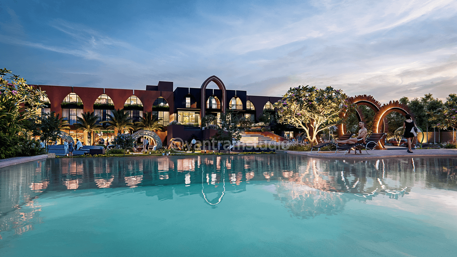 Modern resort-style building with arched façade, large swimming pool, landscaped garden, palm trees, and dramatic evening sky reflections. – 3D architectural visualization by Yantram Studio