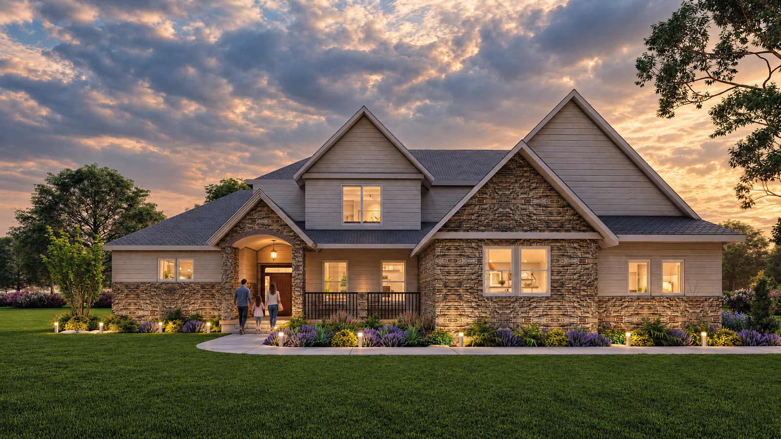 Contemporary craftsman-style house with stone and siding facade, gabled roof, front porch, landscaped lawn, and evening sky.