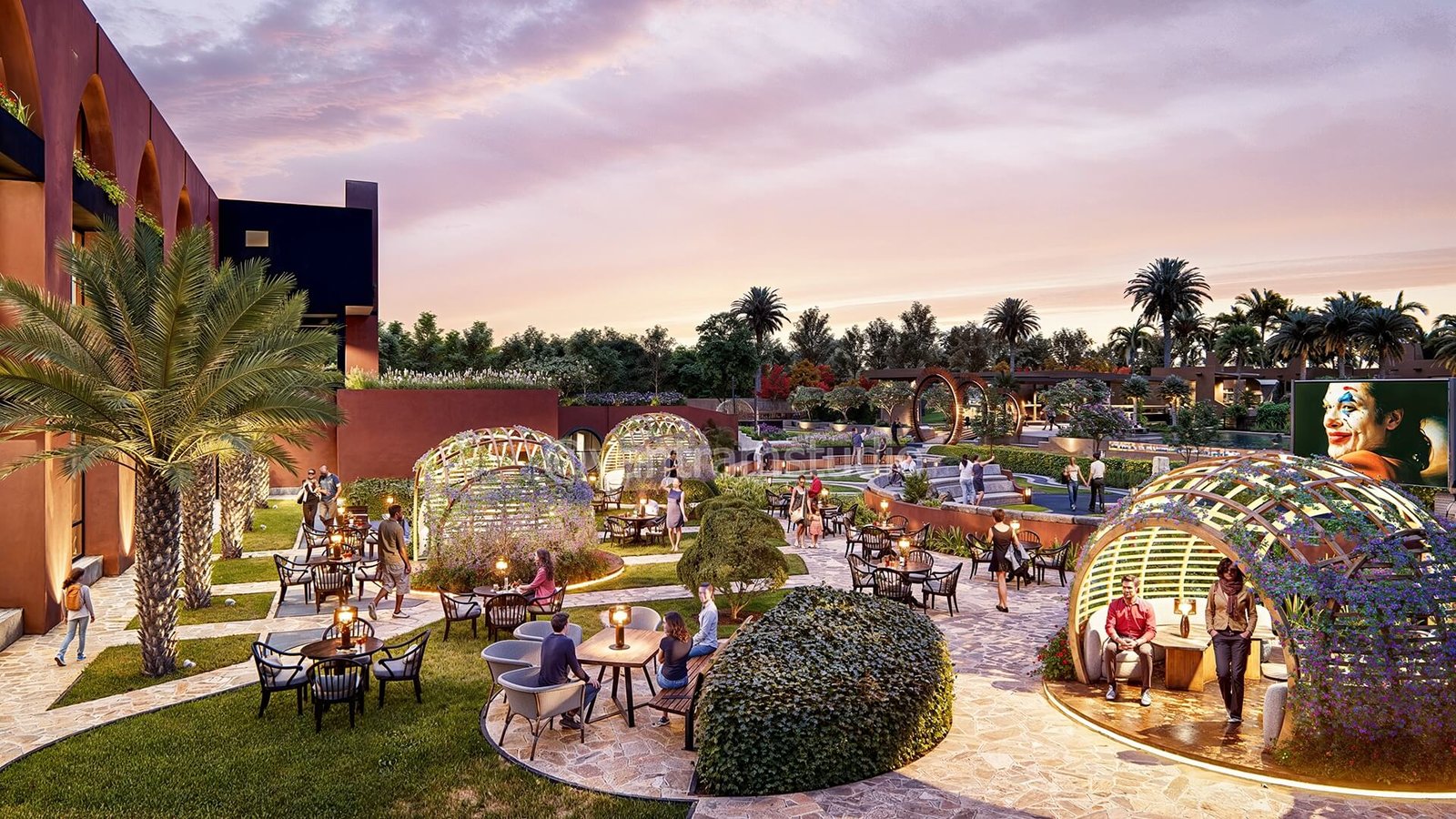 Contemporary outdoor dining garden with dome seating pods, landscaped pathways, palm trees, warm lighting, and sunset sky. – 3D rendering by Yantram Studio