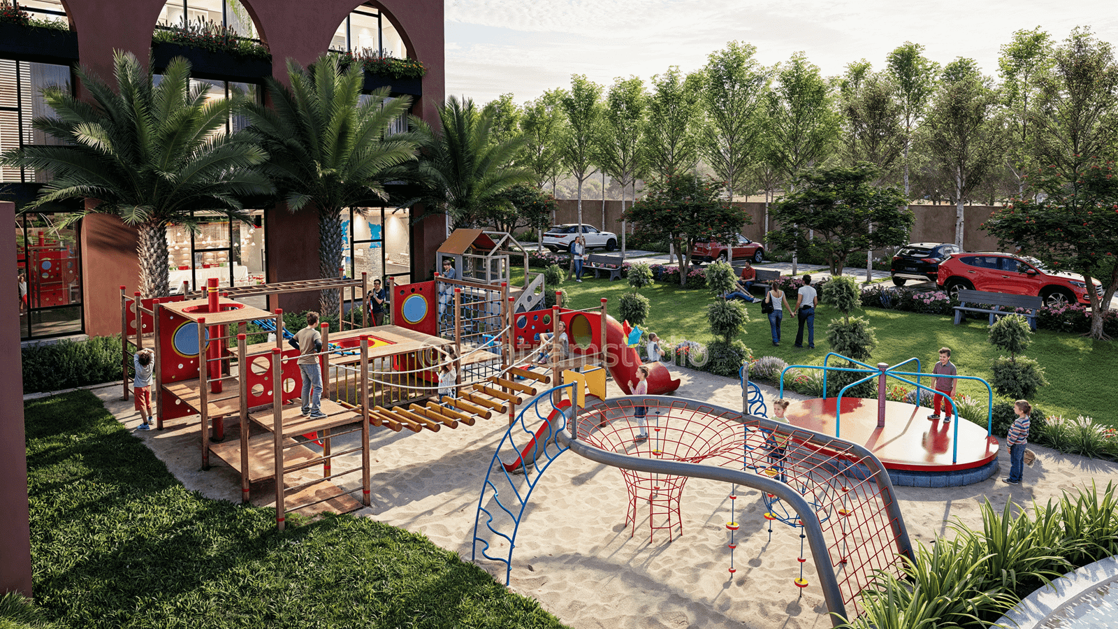 Contemporary residential playground with climbing structures, slides, sand play area, palm trees, landscaped garden, and families enjoying outdoor space. – 3D architectural visualization by Yantram Studio