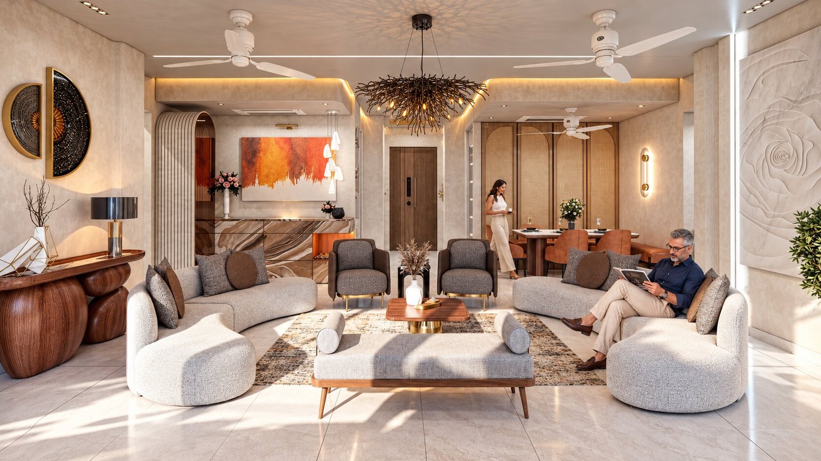 A high-end living room with circular seating and modern decor. — Living Room Interior Rendering