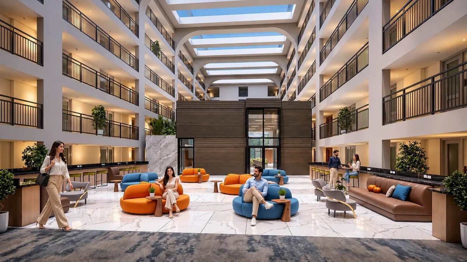 Spacious multi-level atrium lobby with skylights, contemporary seating, marble flooring, and open balcony corridors.