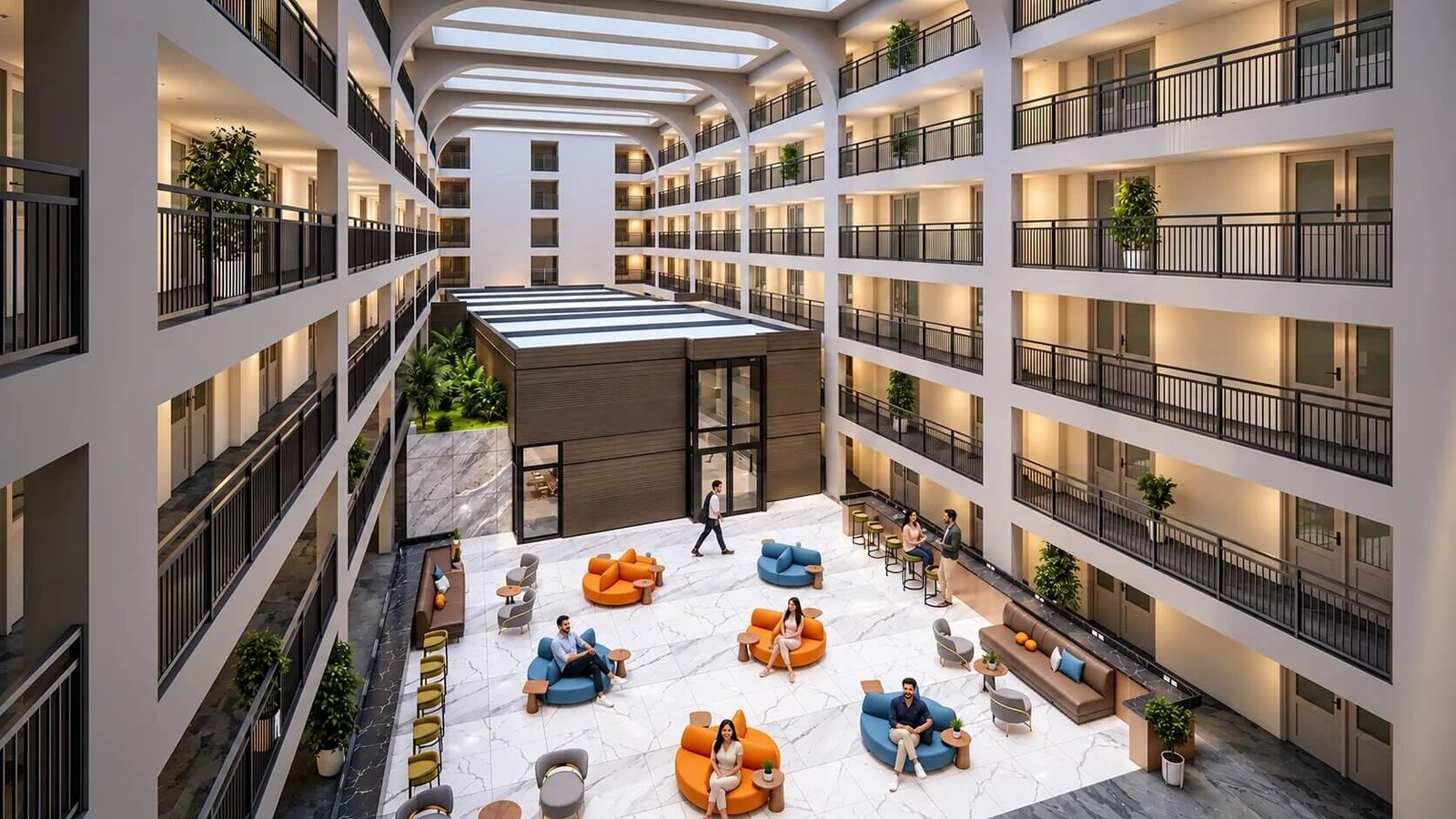 A bright and spacious residential atrium featuring modern lounge pods, collaborative seating zones, and a skylit architectural layout. – 3D architectural visualization by Yantram Studio
