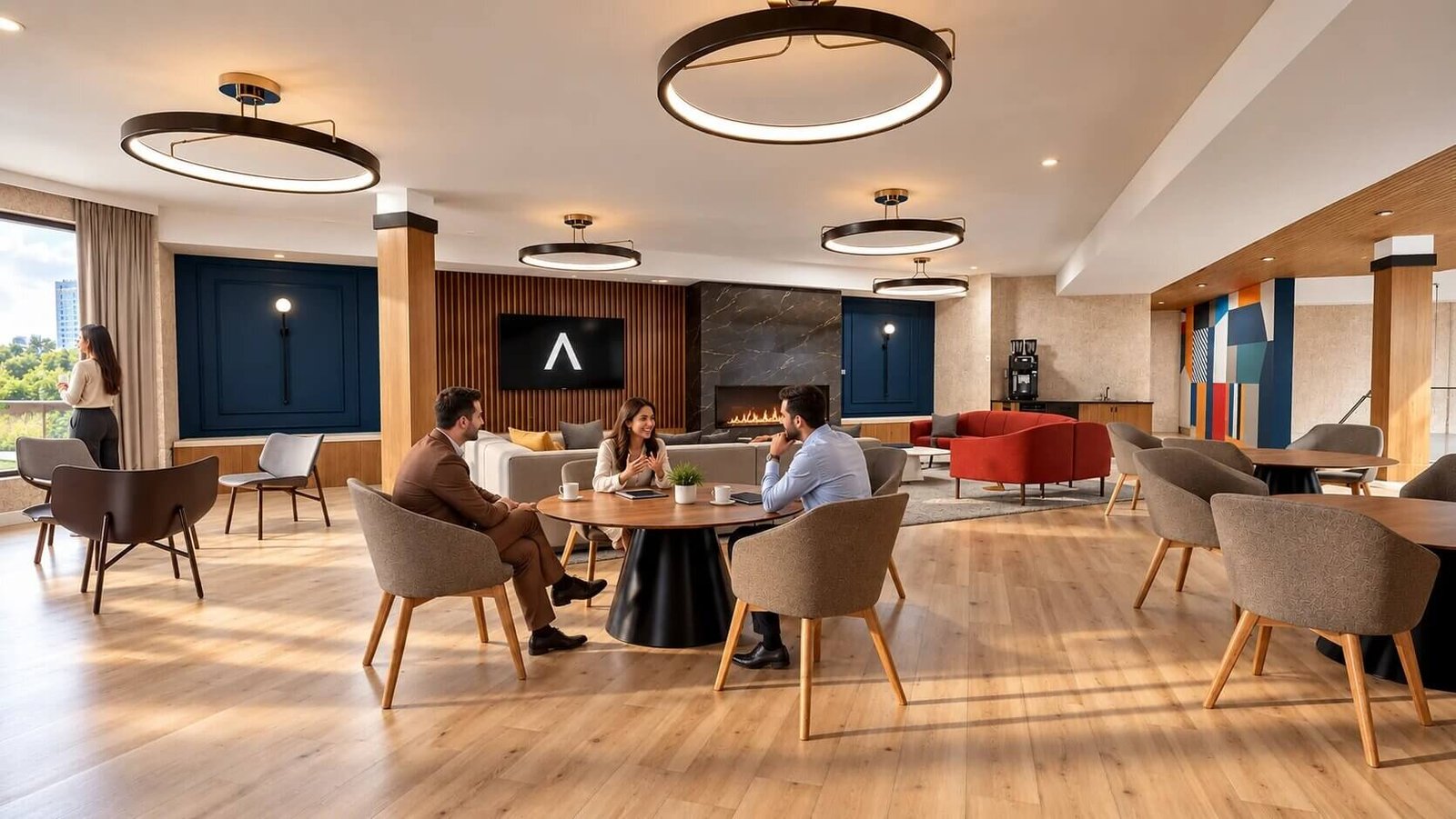 Modern coworking lounge interior with round meeting tables, warm wood flooring, and contemporary circular ceiling lights. – 3D rendering by Yantram Studio