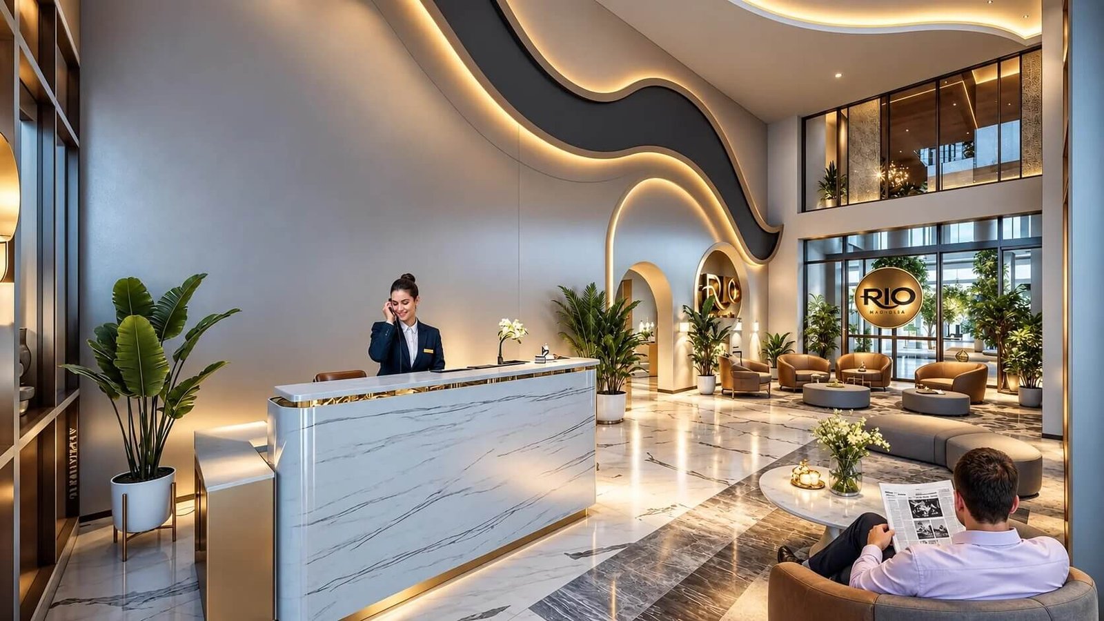 Luxury hotel lobby interior with marble reception desk, sculptural ceiling lighting, curved architectural walls, and contemporary lounge seating. – 3D architectural visualization by Yantram Studio