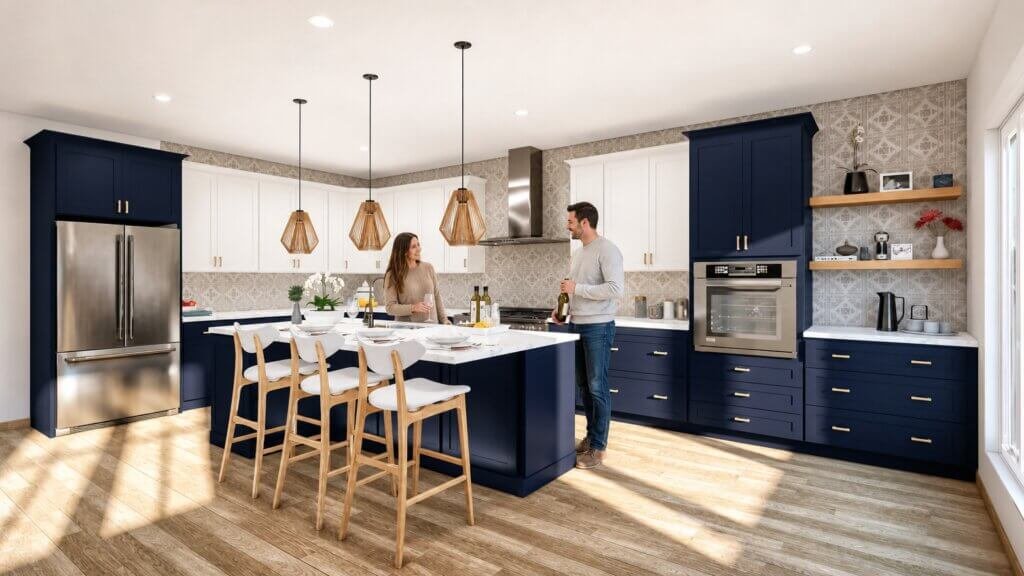 Contemporary kitchen interior with navy blue and white cabinets, central island with bar stools, pendant lighting, stainless steel appliances, and patterned backsplash – 3D visualization by Yantram Studio.