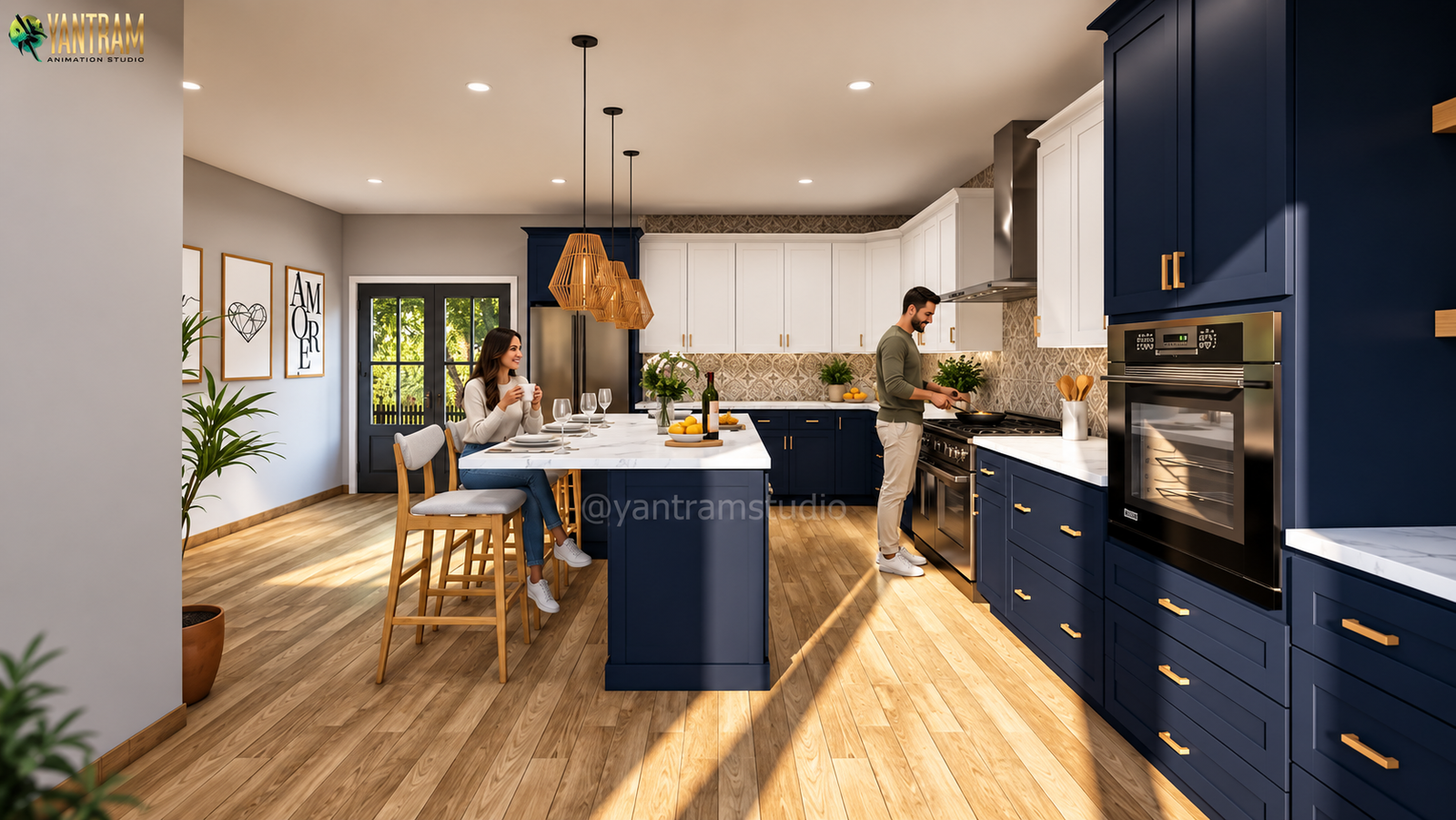 Modern navy blue and white kitchen with large island, bar stools, built-in oven, pendant lighting, hardwood flooring, and natural daylight from glass door – 3D architectural visualization by Yantram Studio