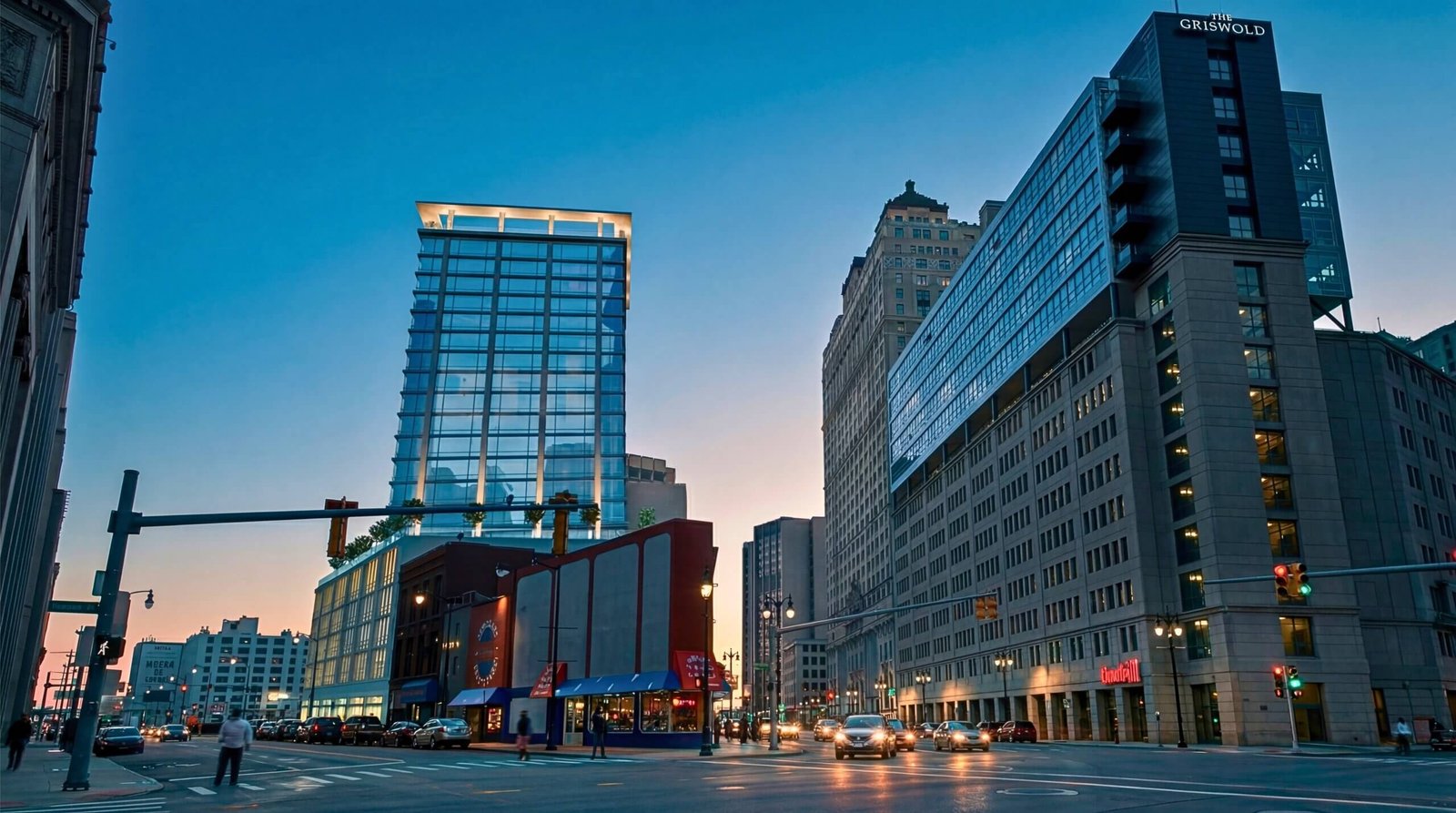 Photorealistic 3D rendering of a modern glass high-rise building at a busy urban intersection during blue hour with city traffic and illuminated streets.