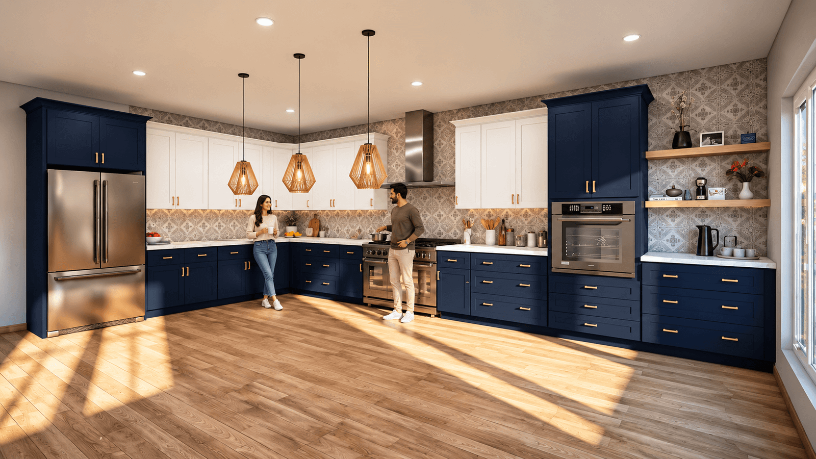 Contemporary L-shaped kitchen with navy blue lower cabinets, white upper cabinets, stainless steel refrigerator and oven, patterned backsplash, pendant lights, and hardwood flooring – 3D rendering by Yantram Studio
