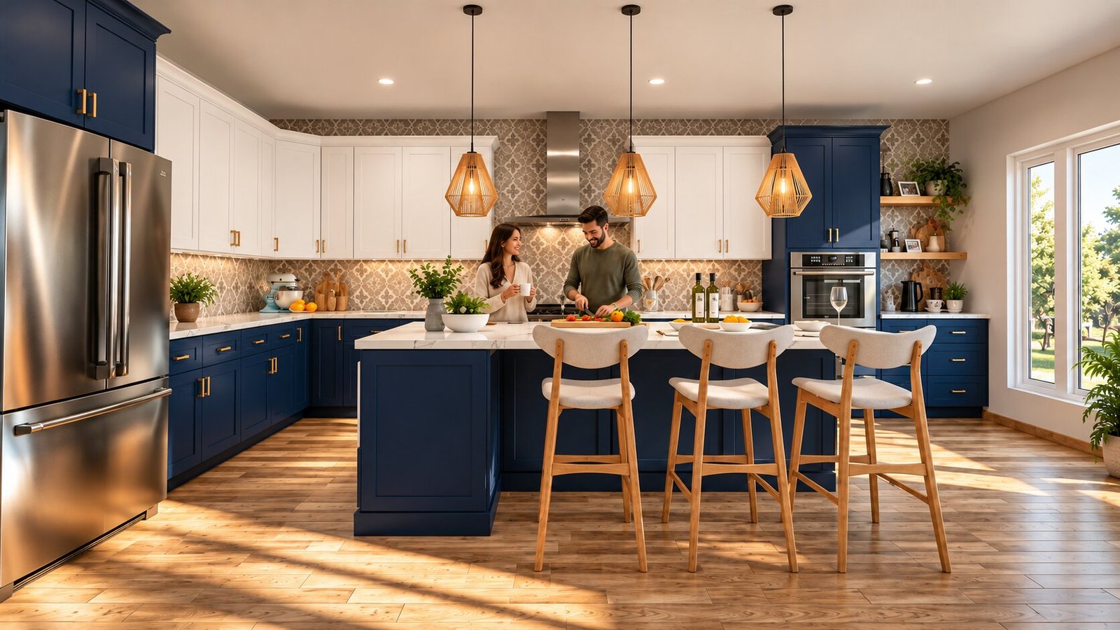 Modern kitchen interior with navy blue and white cabinetry, large island with wooden bar stools, pendant lights, stainless steel appliances, and natural daylight. – 3D visualization by Yantram Studio