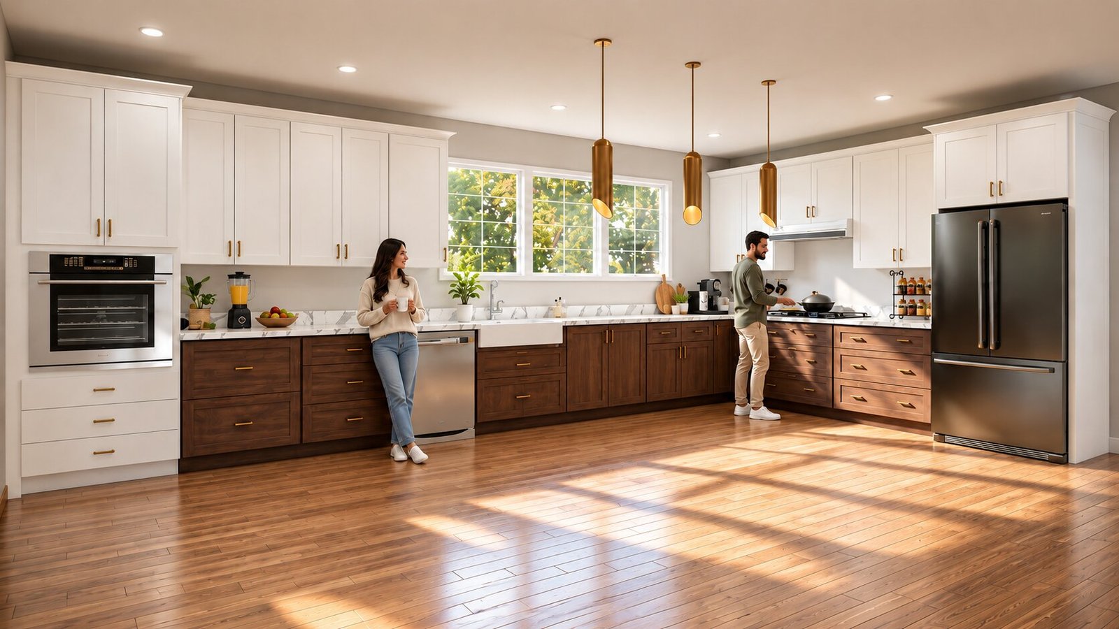 Modern L-shaped kitchen with white upper cabinets, dark wood lower cabinets, stainless steel refrigerator, built-in oven, pendant lights, and wide window with natural daylight. – 3D architectural visualization by Yantram Studio