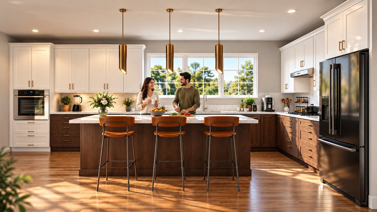 Contemporary kitchen interior with white cabinets, dark wood island, bar stools, gold pendant lights, stainless steel appliances, and large window with natural daylight – 3D architectural visualization by Yantram Studio