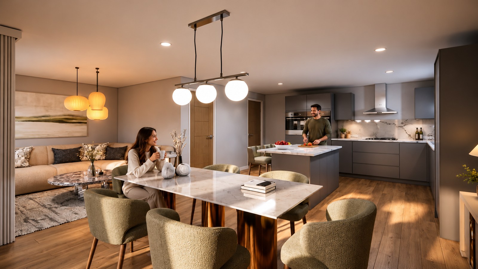 Contemporary open-plan interior with dining table, upholstered chairs, pendant lighting, grey kitchen cabinets, island counter, and cozy living area in the background. – 3D exterior rendering by Yantram Studio