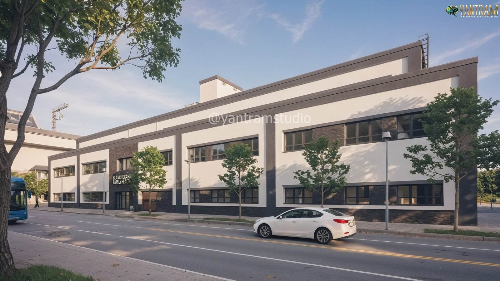 Modern commercial building exterior 3D rendering with white minimalist façade, horizontal windows, urban street view, parked car, and landscaped trees. – sports facility visualization by Yantram Studio.