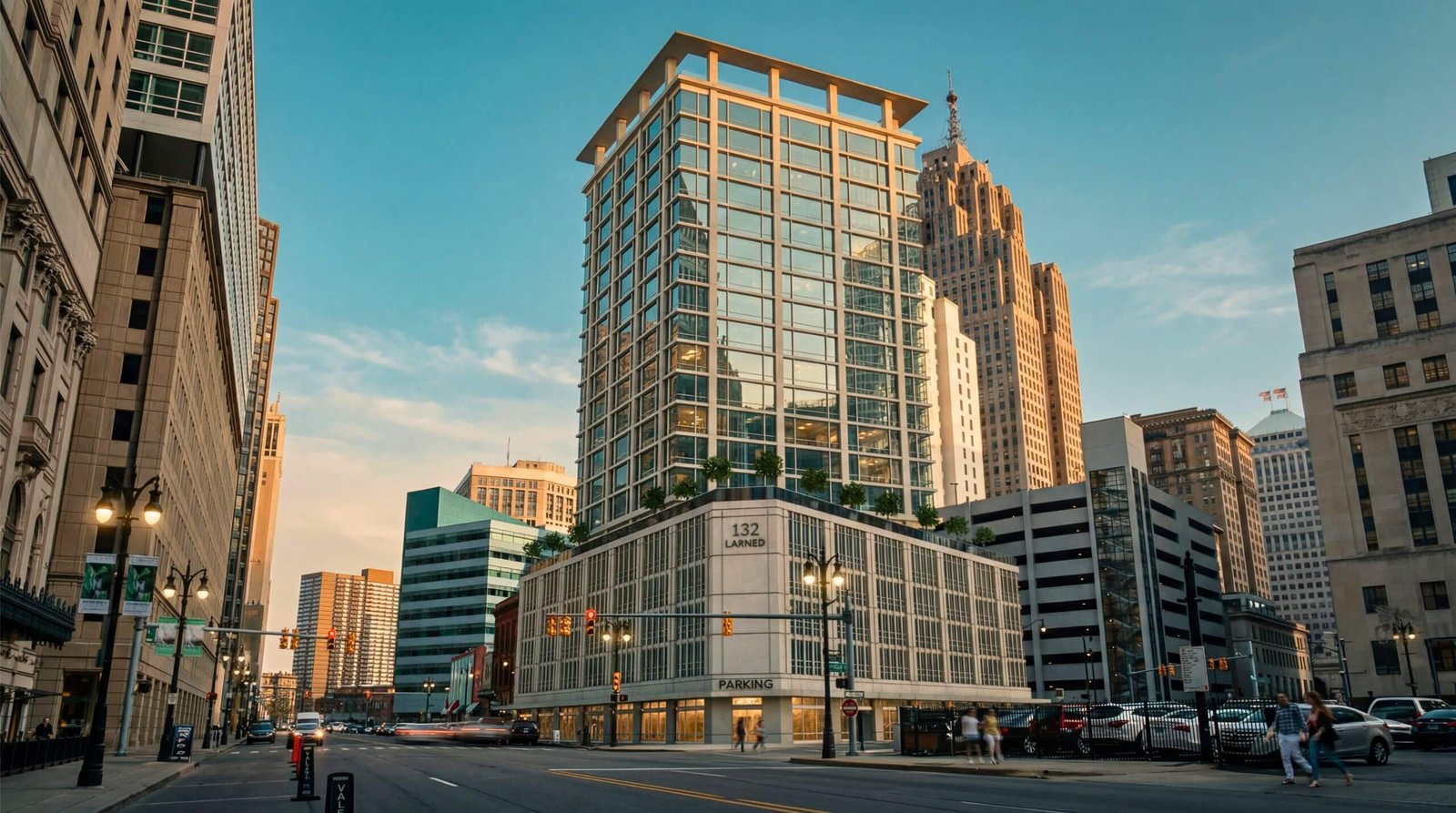 Photorealistic 3D rendering of a modern glass office tower on a downtown corner with parking podium, city streets, and surrounding high-rise buildings at golden hour.
