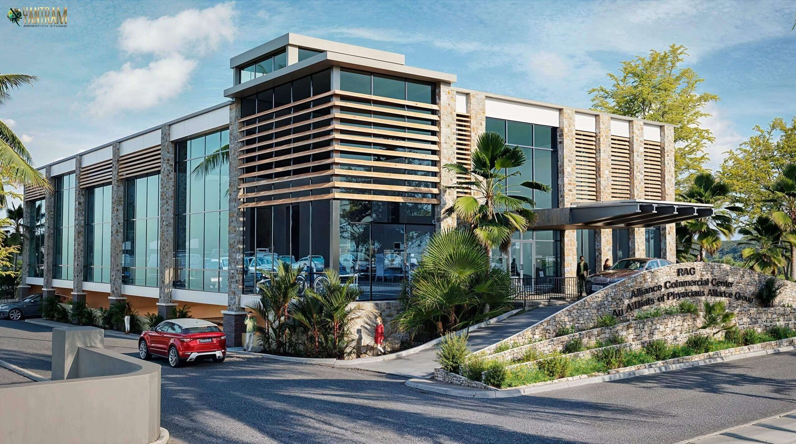 Modern corporate office building 3D rendering with glass façade, horizontal sun-shading louvers, landscaped entrance, stone signage wall, and tropical palm trees. – 3D architectural visualization by Yantram Studio