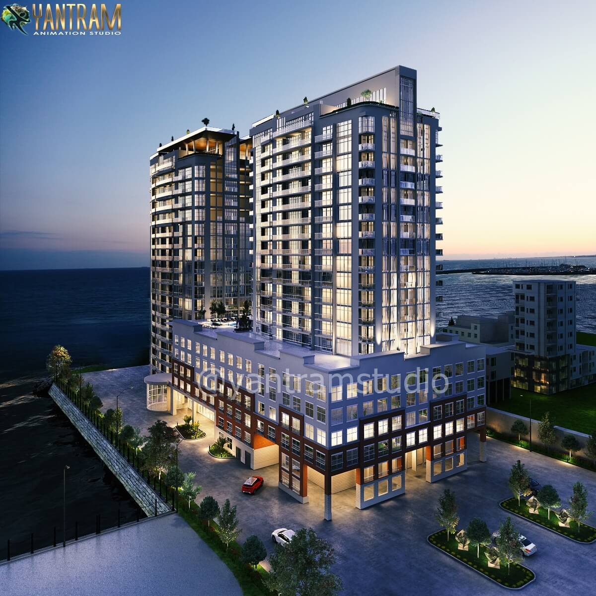 Luxury waterfront residential towers 3D rendering at sunset with modern glass facade and landscaped surroundings – 3D visualization by Yantram Studio