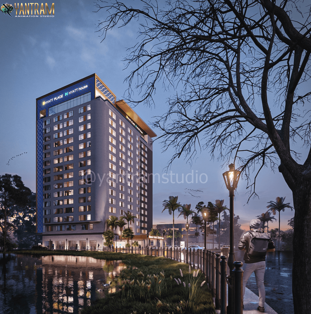 Luxury hotel building 3D rendering at evening near waterfront with Hyatt Place signage and landscaped surroundings – 3D rendering by Yantram Studio