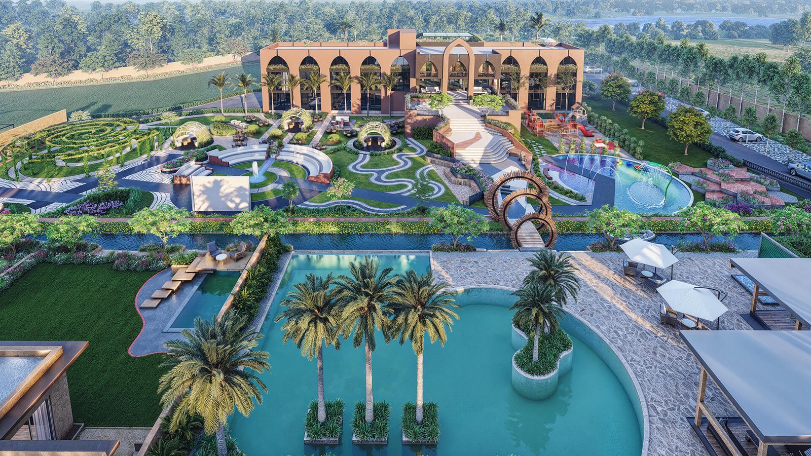 Aerial view of a luxurious garden retreat featuring pools and pathways.