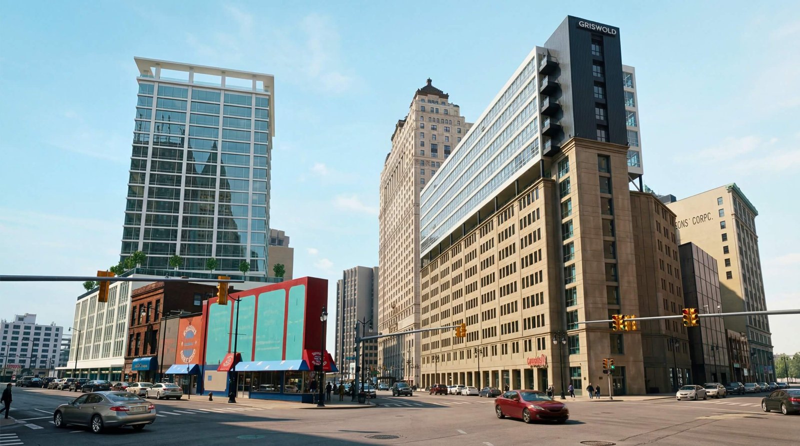 Photorealistic 3D rendering of a modern glass high-rise building with retail podium at a busy urban intersection during daytime with cars and pedestrians – 3D architectural visualization by Yantram Studio