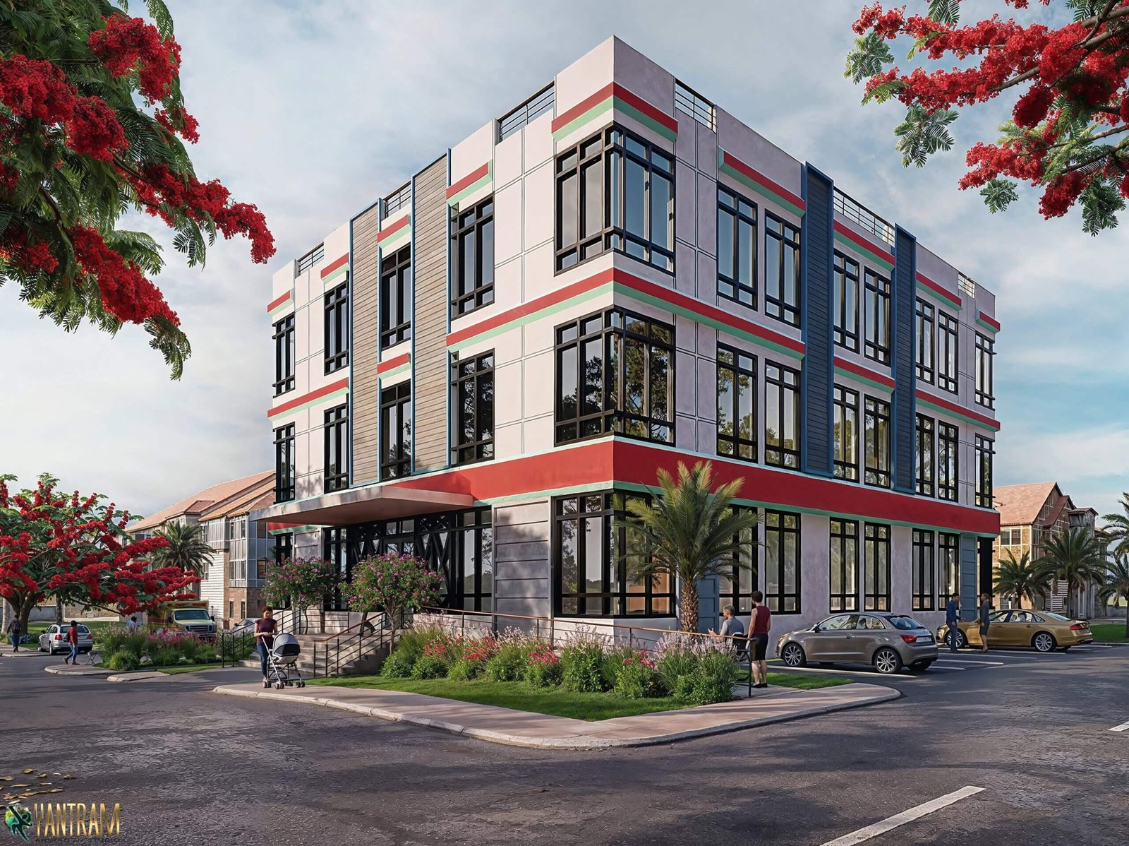 Modern three-story mixed-use commercial building with bold red and green accent bands, large glass windows, landscaped corner lot, palm trees, and urban street setting. – 3D visualization by Yantram Studio