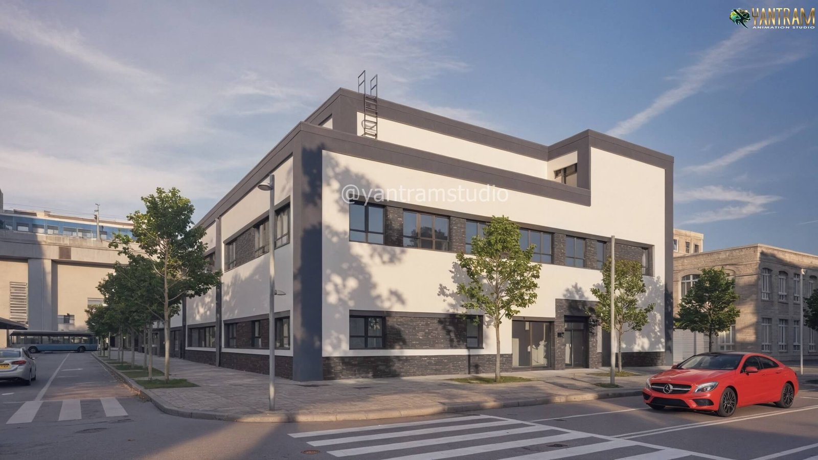 Modern corner commercial building 3D rendering with white façade, dark grey accents, large windows, urban crosswalk, street trees, and red car. – 3D rendering by Yantram Studio