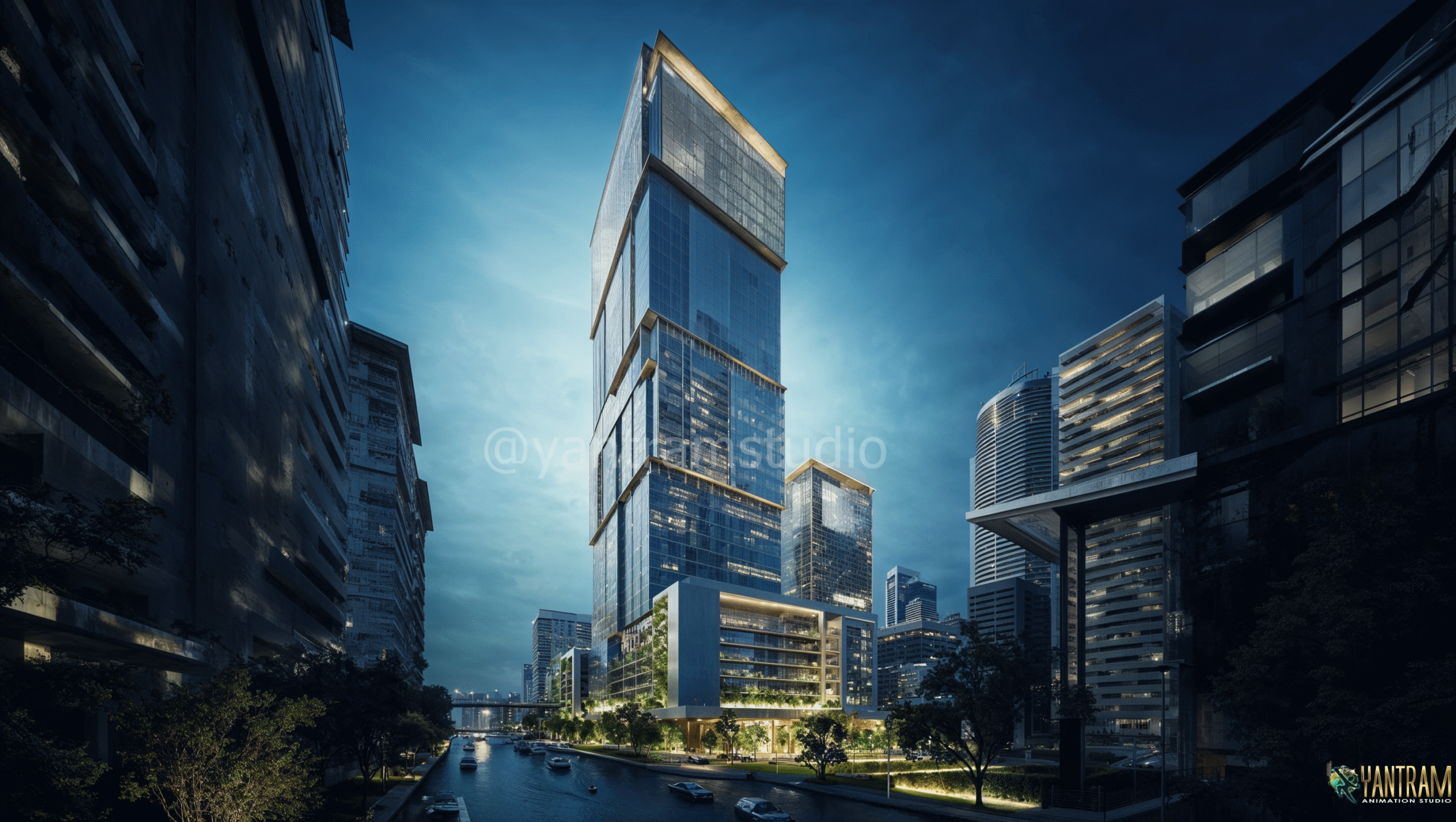 Breathtaking 3D exterior rendering of a modern high-rise building by Yantram Studio, showcasing detailed architectural design, glass façade, and realistic lighting near a waterfront cityscape.