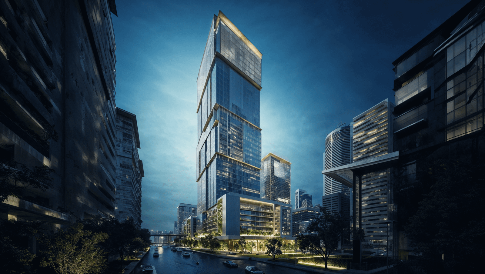 Stunning high-rise exterior 3D rendering showing modern glass tower with photorealistic materials and Dubai skyline integration