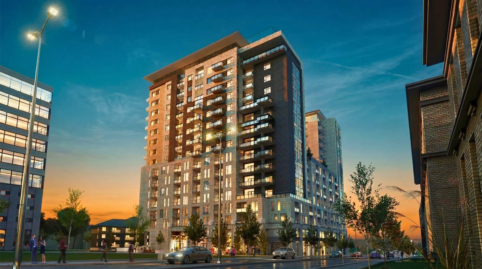 Photorealistic 3D rendering of a modern residential high-rise apartment building with balconies and street activity during sunset with warm lighting.