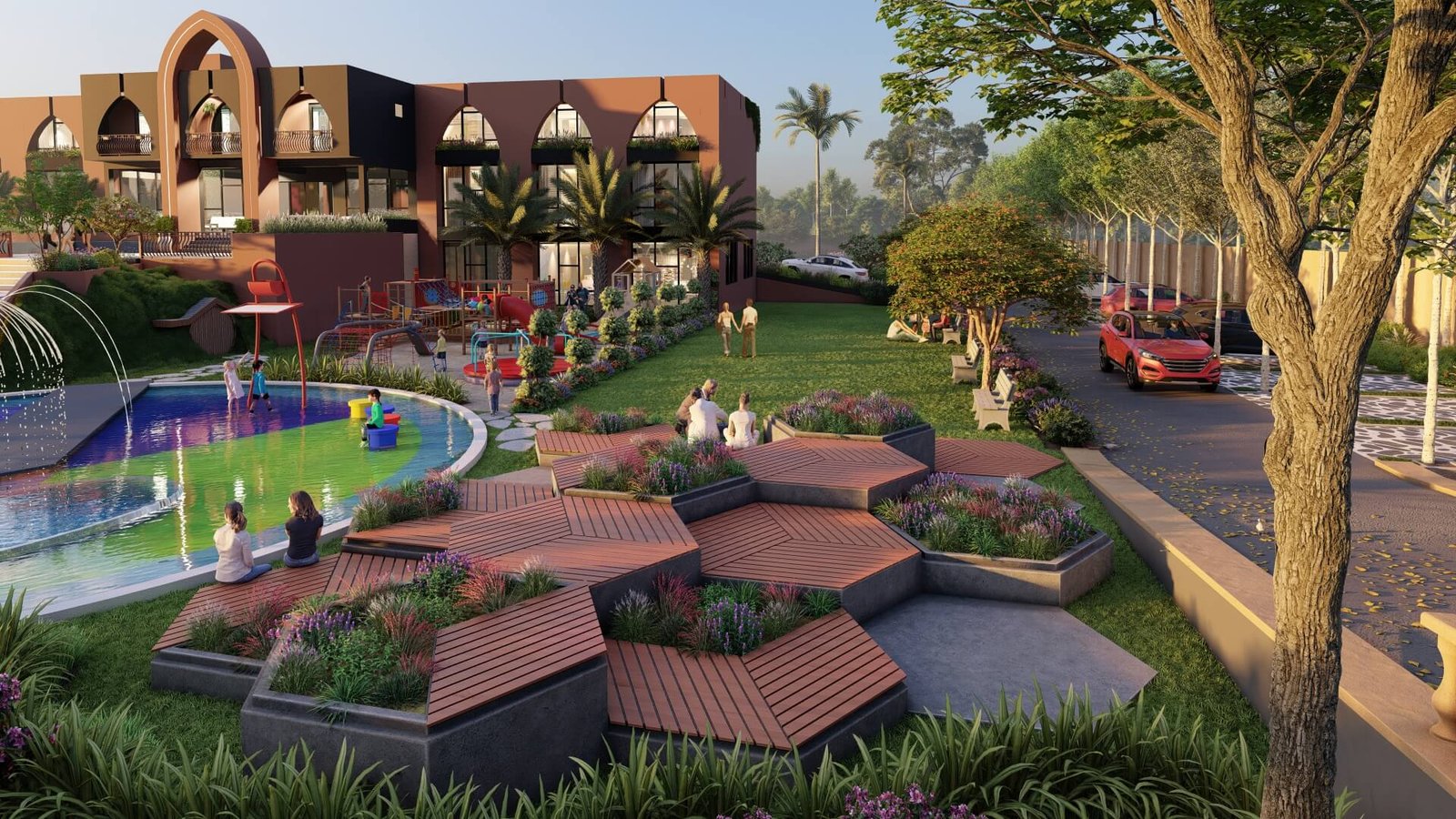 A vibrant urban park with modern architecture and play areas. — India 3D Rendering Studio