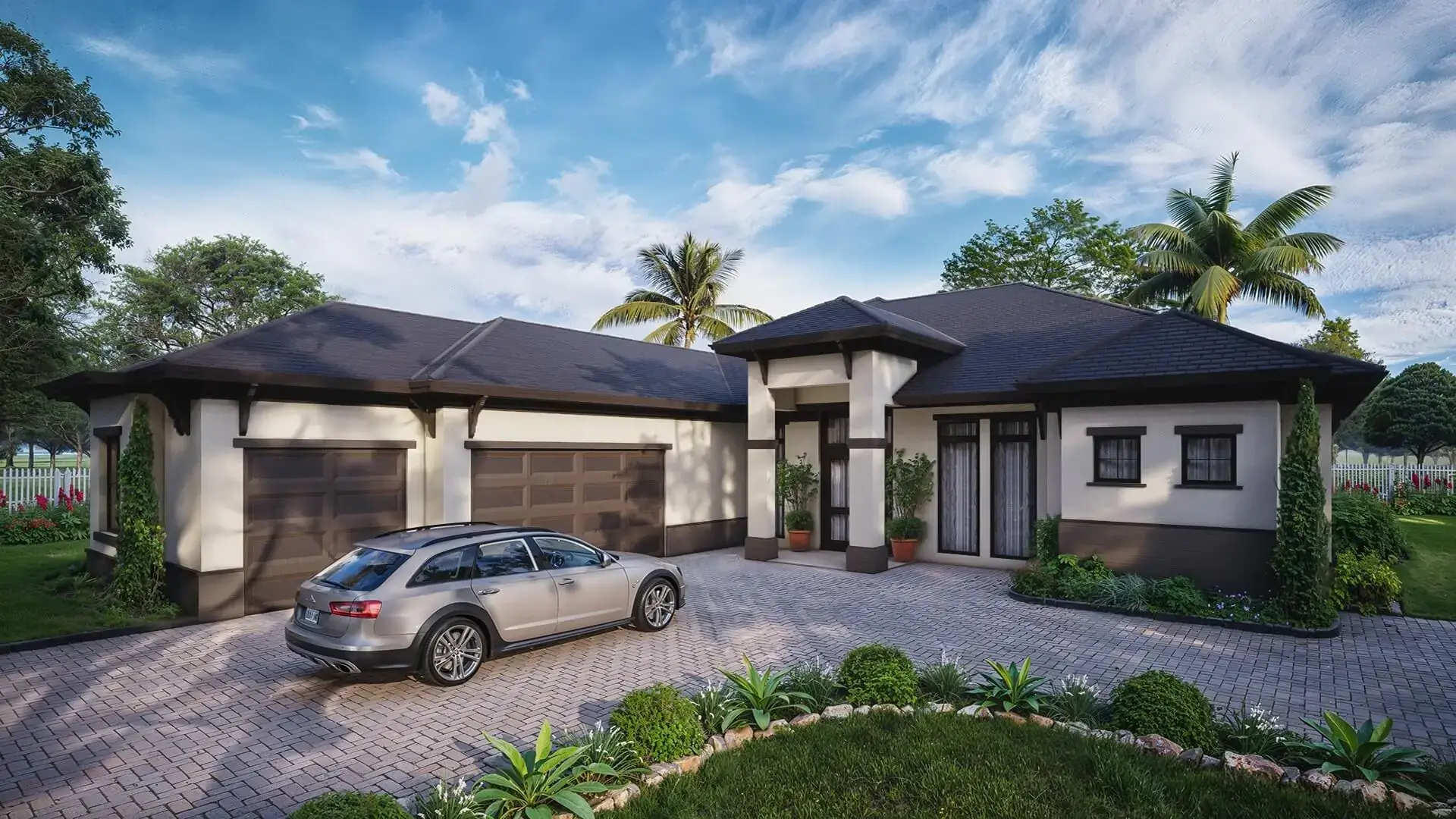 Modern single-story luxury home exterior with dark hip roof, double garage, paved driveway, landscaped front yard, and tropical palm trees under a bright blue sky.